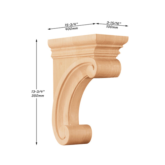 CUSTOM240702 PAIR of Contemporary Scroll Birchwood Carved Corbels, 100mmWx400mmDx350mmH, SOLD