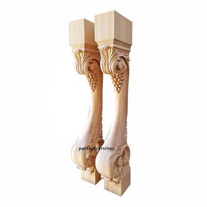 PAIR of ISP-01 Grape & Scroll Carved 36"High Wood Island Posts