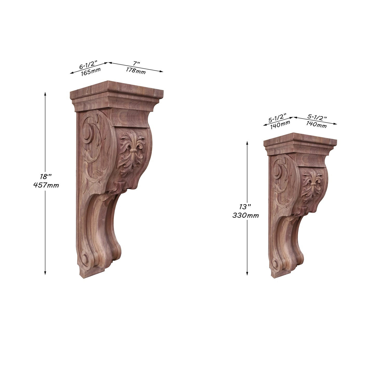 PAIR of Vivid Leaves Carved Wood Corbels, Availabale in 13" & 18" High