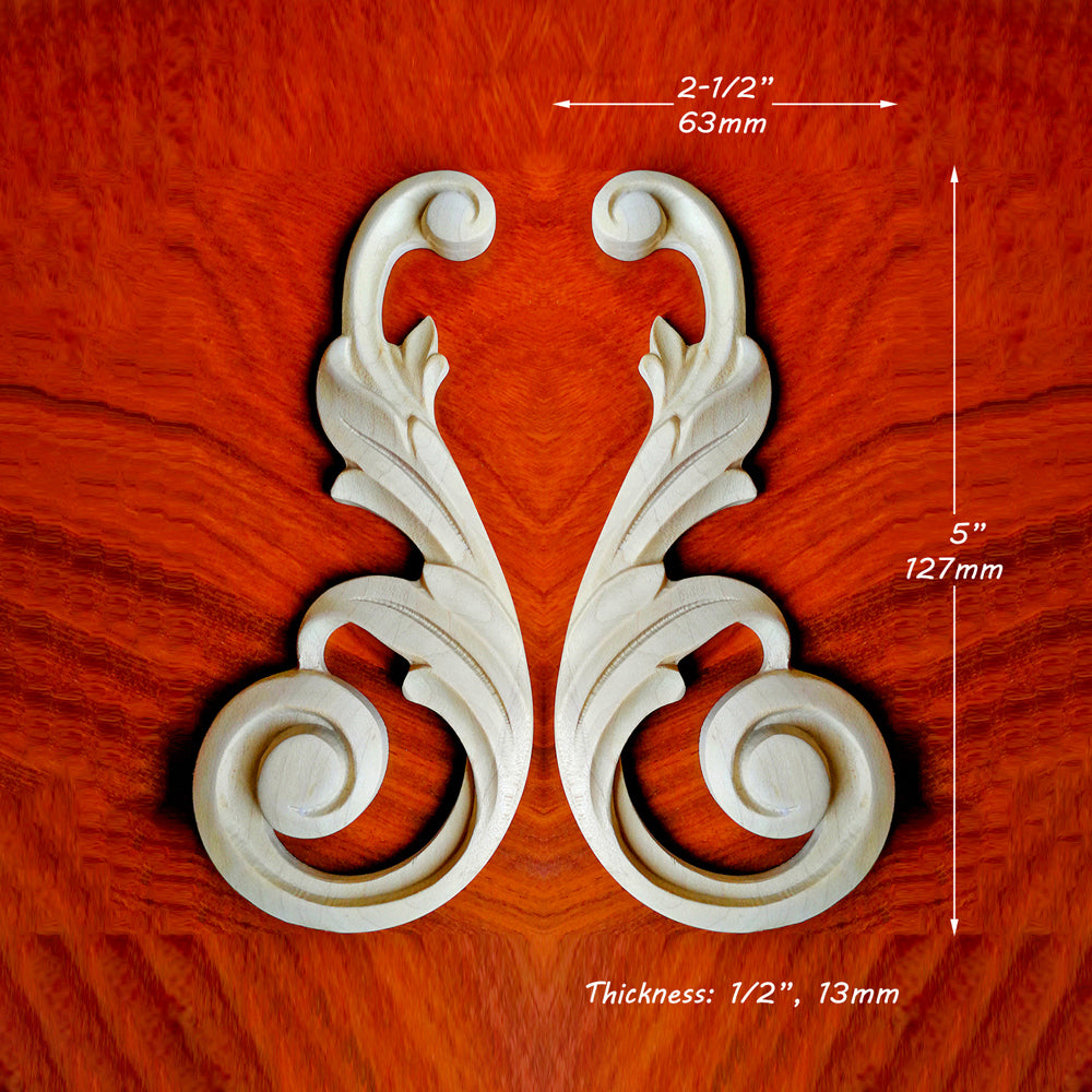 PAIR of Simple & Beautiful Scroll Leaf Carved Onlay