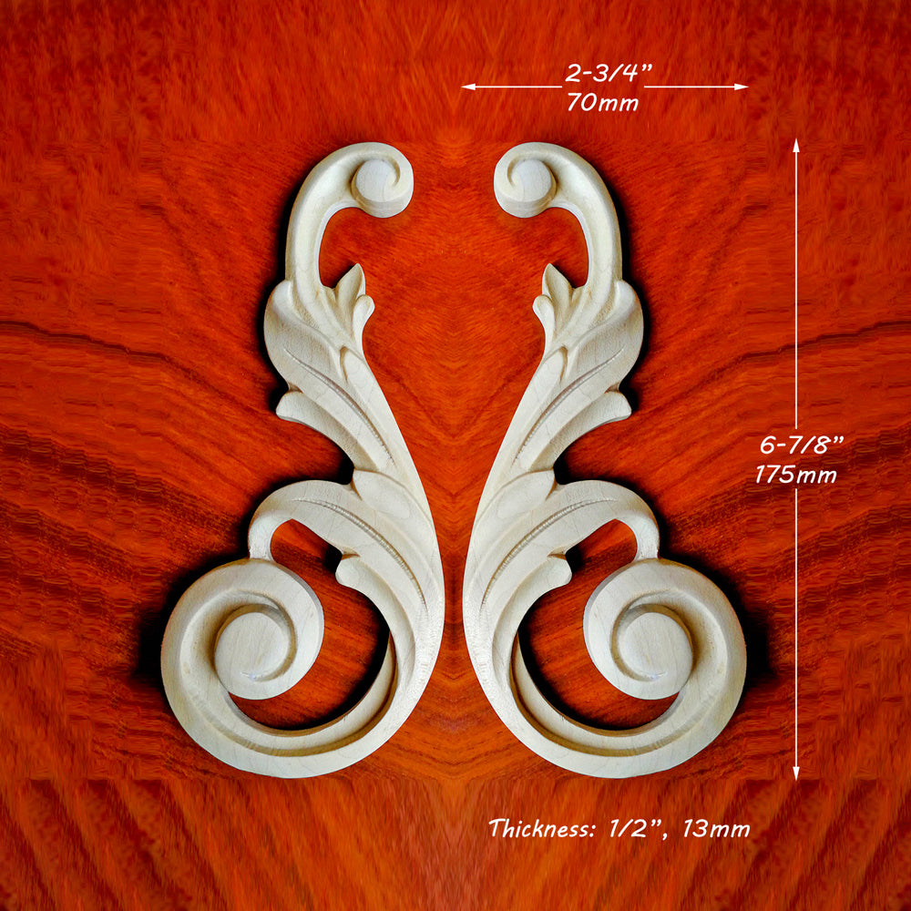 PAIR of Simple & Beautiful Scroll Leaf Carved Onlay