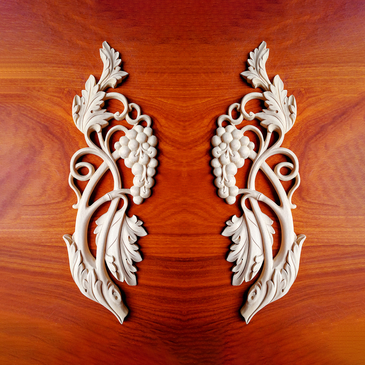 PAIR of Delicate Grapevine Carved Wood Applique Onlay, 4-3/4