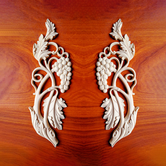 PAIR of Delicate Grapevine Carved Wood Applique Onlay, 4-3/4"Wx15"H