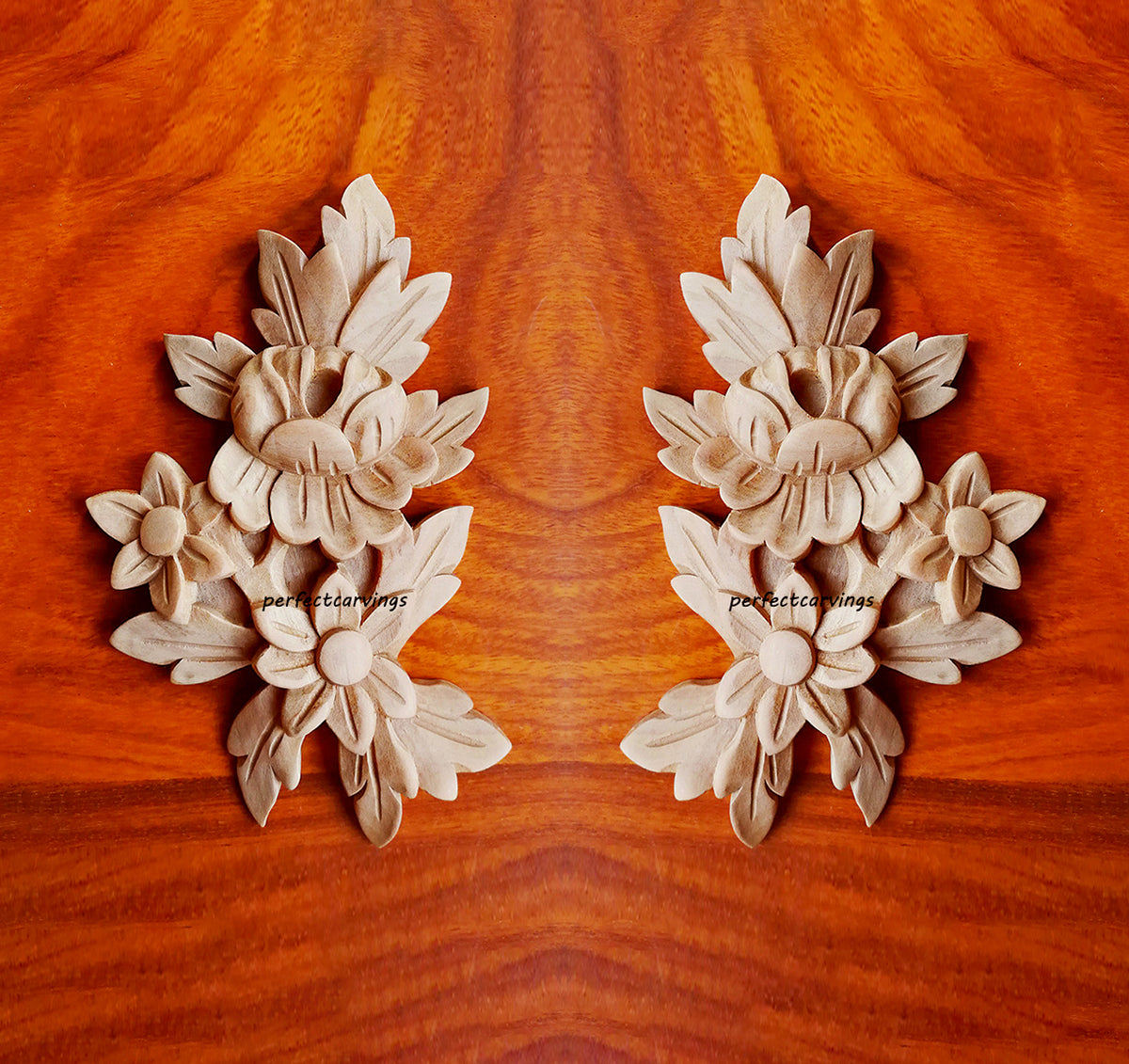 PAIR of Artistic Floral Carved Wood Applique Onlay, 3-1/2