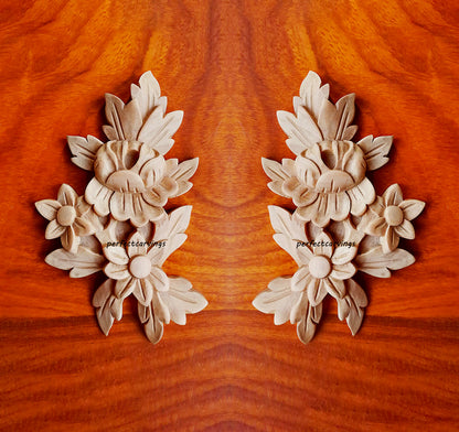 PAIR of Artistic Floral Carved Wood Applique Onlay, 3-1/2"Wx5-3/4"H