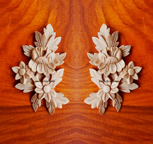 PAIR of Artistic Floral Carved Wood Applique Onlay, 3-1/2"Wx5-3/4"H