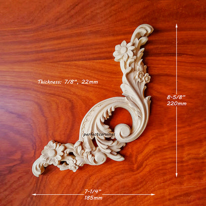 PAIR of Floral Scroll Carved Wood Corner Appliques, 7-1/4"x8-5/8"