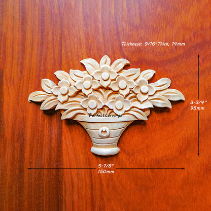 PAIR of  Vivid Pot of Flower Carved Wood Applique,  5-7/8"Wx3-3/4"H