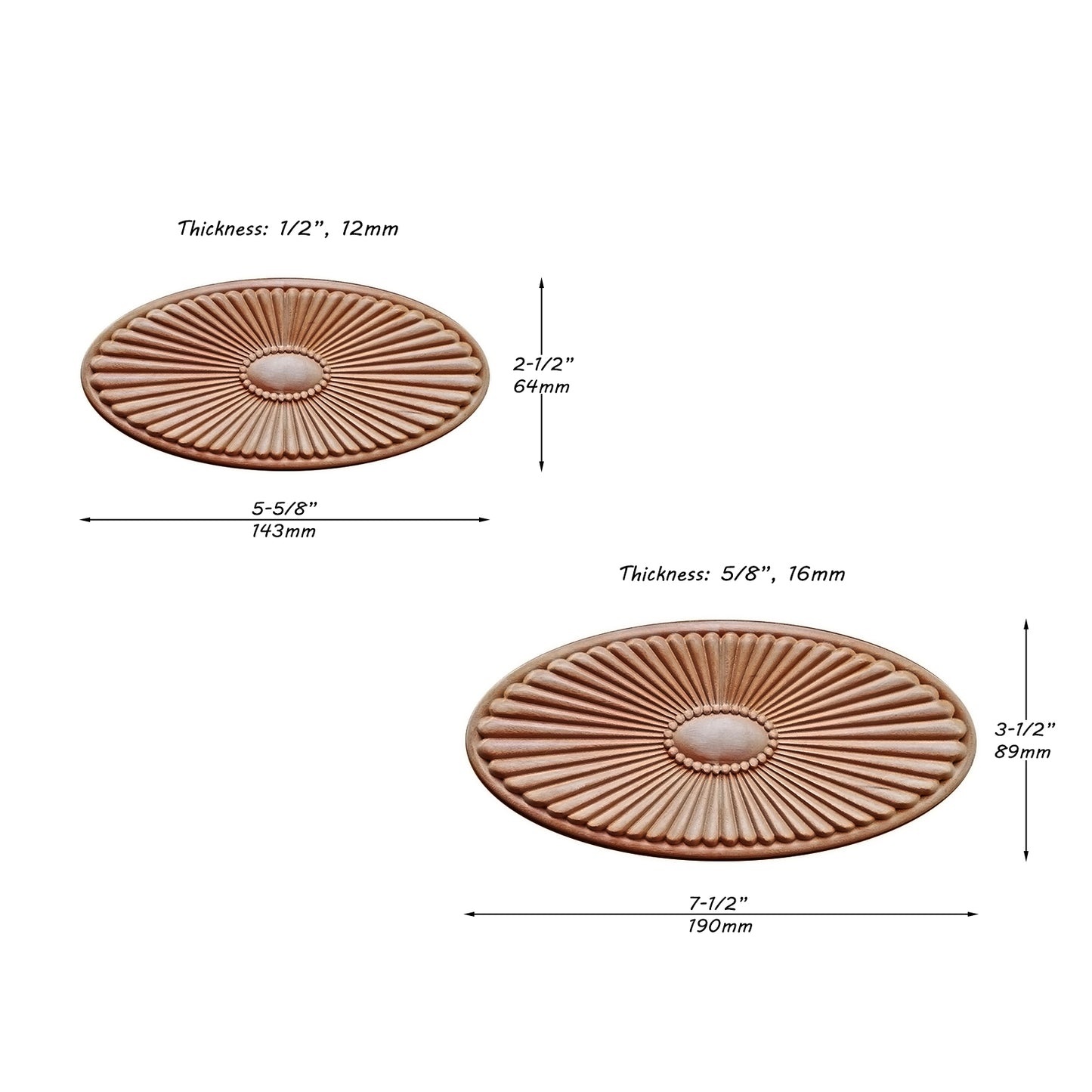 PAIR of Radiant Gem Oval Wood Carved Rosette Onaly, Available in 2 Sizes