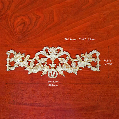 Rose & Linen Carved Wood Applique for Headboard, Wall and Panel,  23-1/2"x7-3/4"