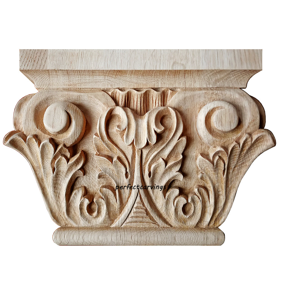Victorian Style Sprout Leaf Carved 7-1/4"H Pilaster Capital, Hollow Back, Single