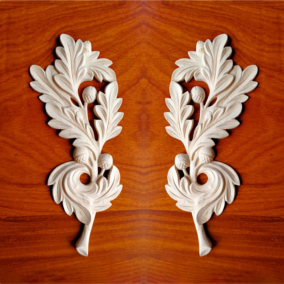 PAIR of Acorn Leaf Cluster Carved Wood Applique Onlay, 3-3/4"x8-3/4"H