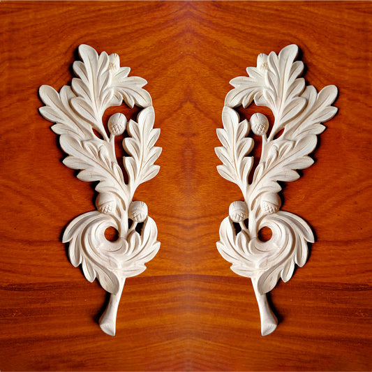 PAIR of Acorn Leaf Cluster Carved Wood Applique Onlay, 3-3/4"x8-3/4"H