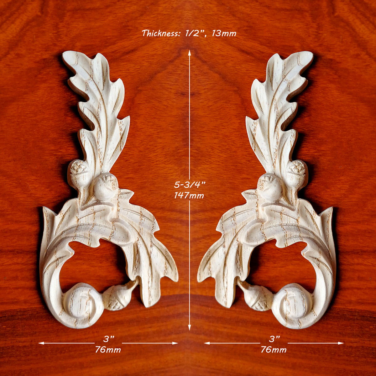 PAIR of Acorn Leaf Carved Wood Applique Onlay, Mirror Pair, Available in Two Sizes
