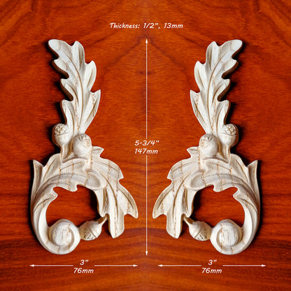 PAIR of Acorn Leaf Carved Wood Applique Onlay, Mirror Pair, Available in Two Sizes