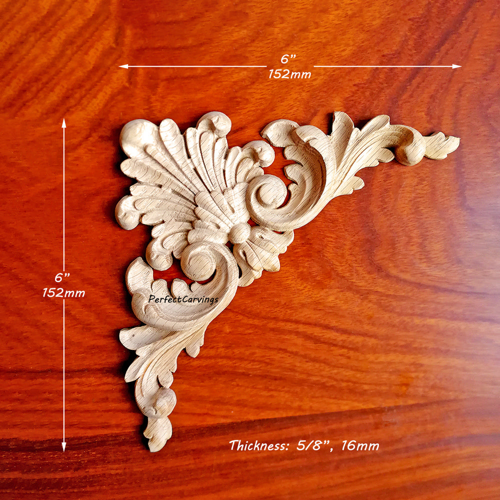 PAIR of Delicate Deep Relief Leaf Corner Applique Onlay, Available in 3-7/8", 6" & 7-7/8"