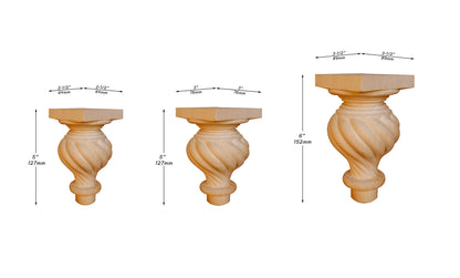 PAIR of Square Top Spiral Rope Carved Furniture Legs, Replacement Bun Feet, Sofa Legs