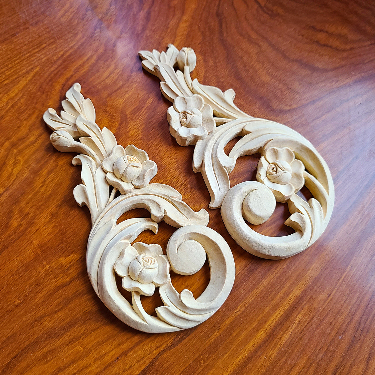 PAIR of Rose and Buds Scroll Carved Wood Appliques, Available in 3 Sizes