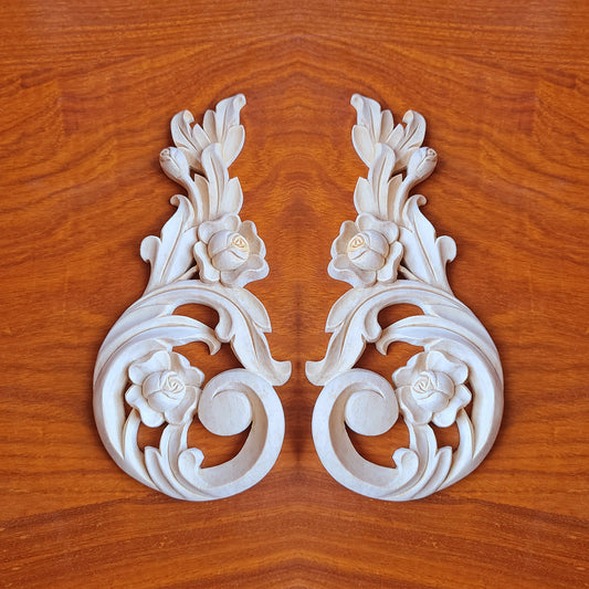 PAIR of Rose and Buds Scroll Carved Wood Appliques, Available in 3 Sizes