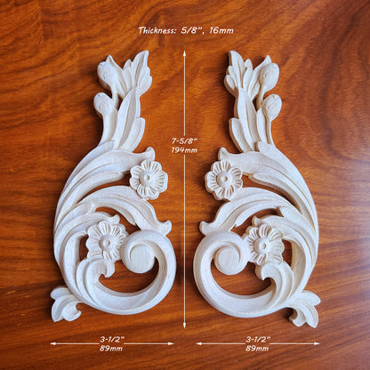 PAIR of Flower Buds Scroll Carved Wood Applique, Available in 3 Sizes