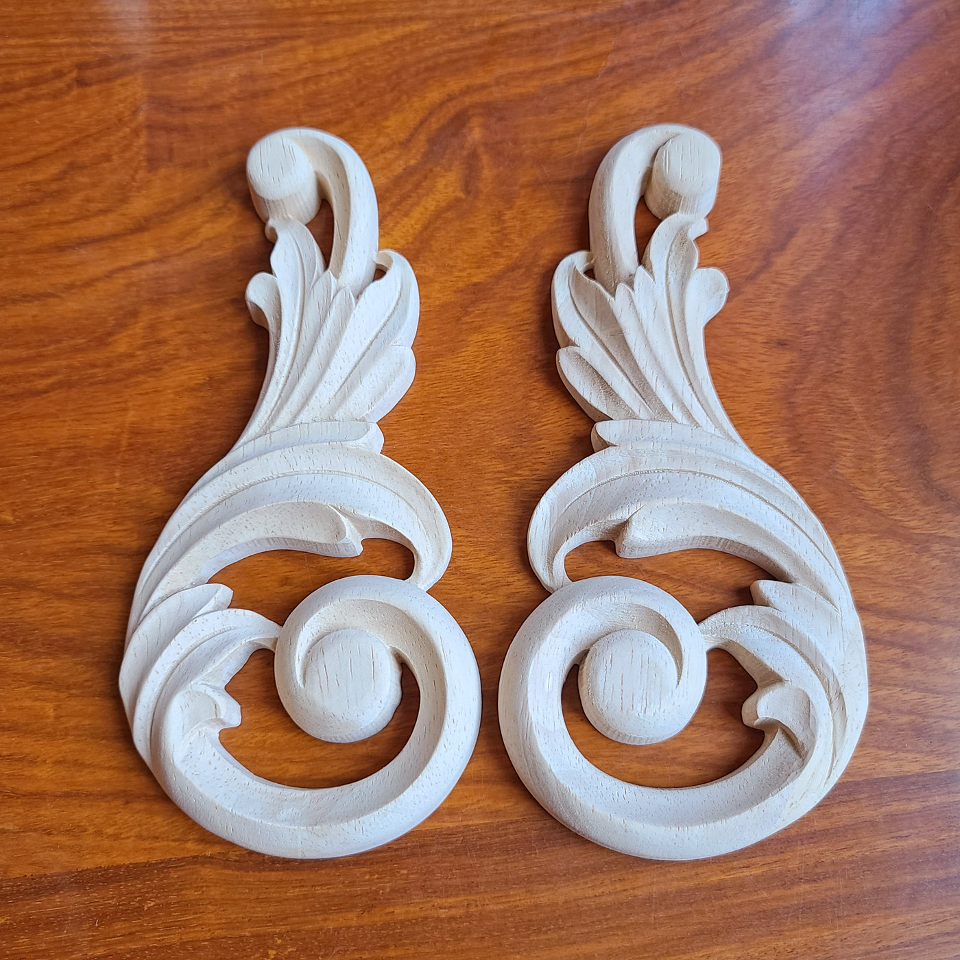 PAIR of Elegant Scroll Leaf Carved Wood Appliques, Available in 3 Sizes