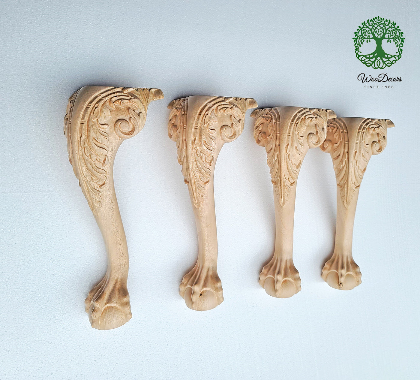 PAIR of Wood Carved Scroll Leaf Claw Ball Legs for Furniture, from 10" to 16-1/2" high