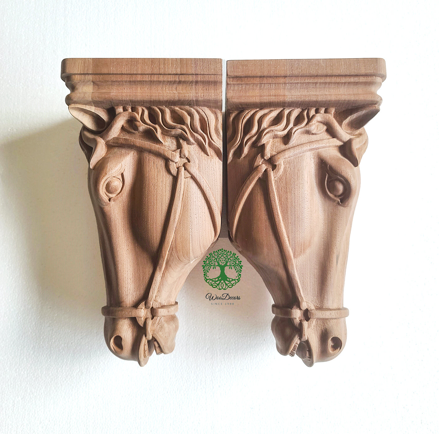 PAIR of Classic Horse Head Carved Wood Corbels, 5-1/2"Wx6-1/4"Dx12"H