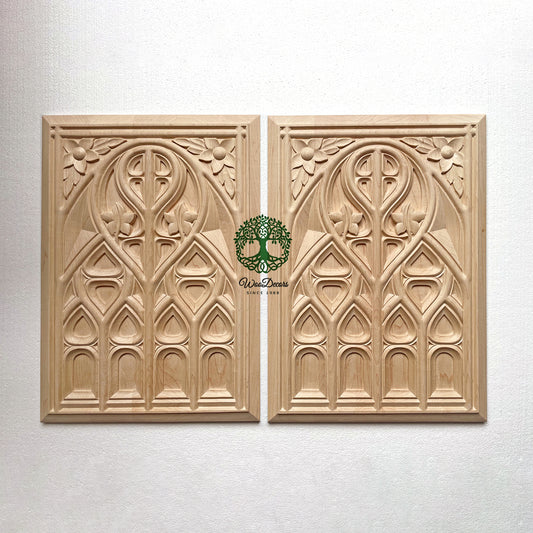 CUSTOM240425 PAIR of PNL-16 Gothic Style Carved Hard Maple Panels,  350mmx484mm, SOLD