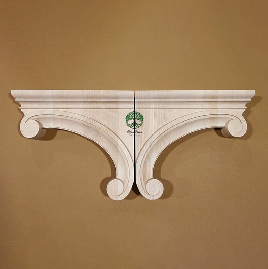 CUSTOM240702 PAIR of Contemporary Scroll Birchwood Carved Corbels, 100mmWx400mmDx350mmH, SOLD