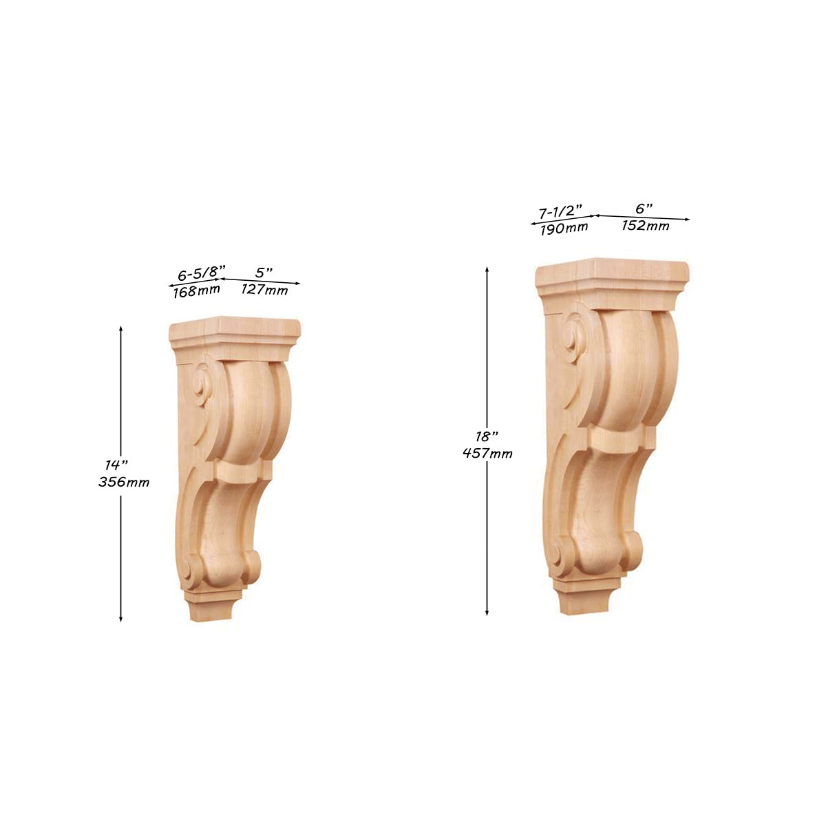 PAIR of Carved Wood Traditional Corbels, Availble from 4-1/4