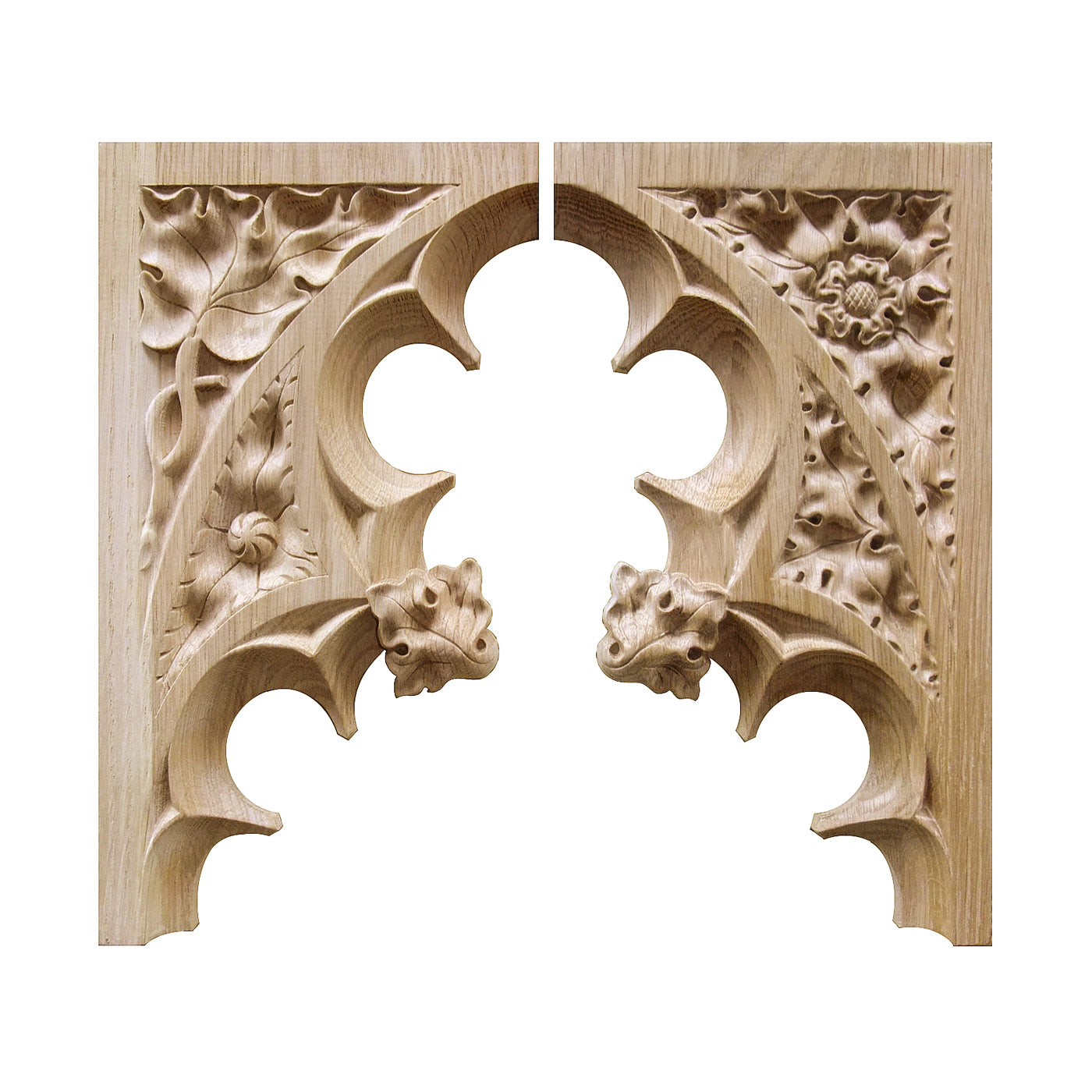PAIR of PNL-37 Gothic Style Vine and Rose Carved Arch Panels