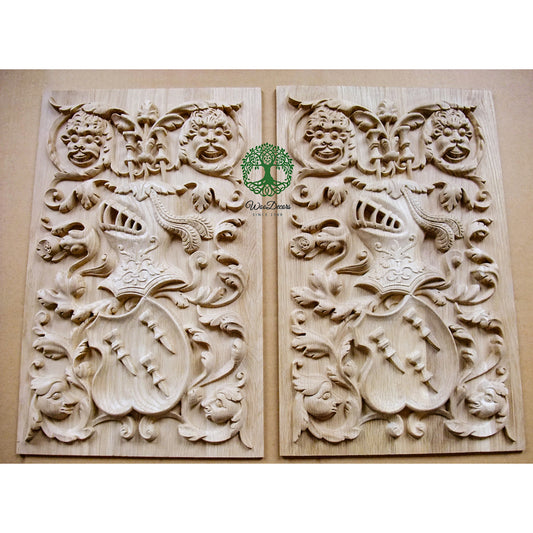 CUSTOM220916 PAIR of Knight Shield Carved Gothic Panels, SOLD