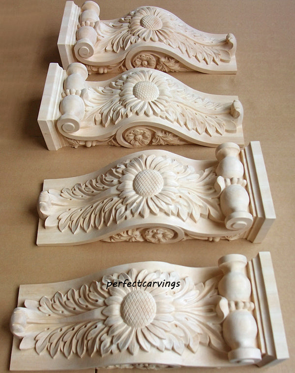 PAIR of Elegant Sun Flower Scroll Carved  Wood Corbels, 6