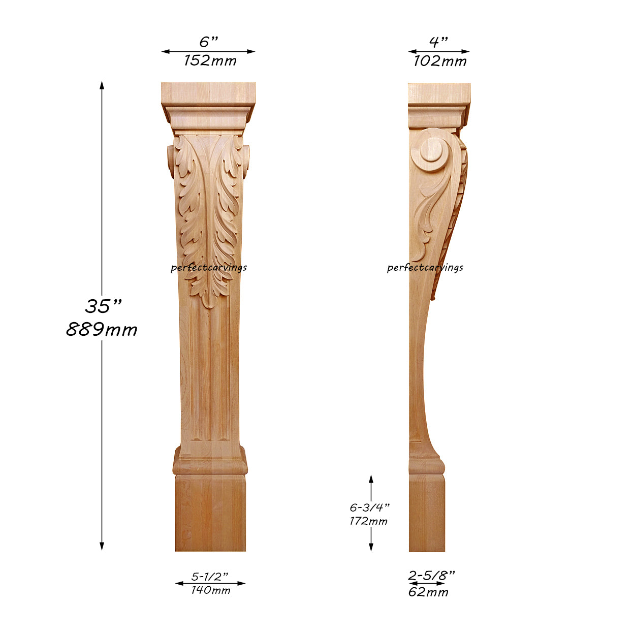 PAIR of ISP-14 Acanthus Carved 35"High Fireplace Wood Posts, Island Legs