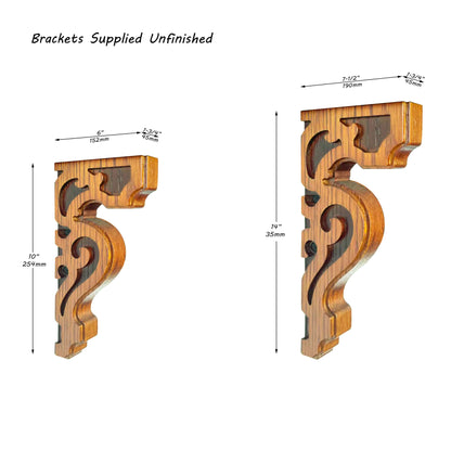 PAIR of Victorian Wood Carved Brackets for Float Shelf and Curtain Rod, Available in 10" & 14" High