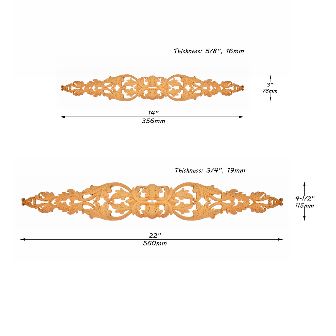 Flourishing Leaf Carved Wood Applique Onlay, Available in  14" & 22" Wide