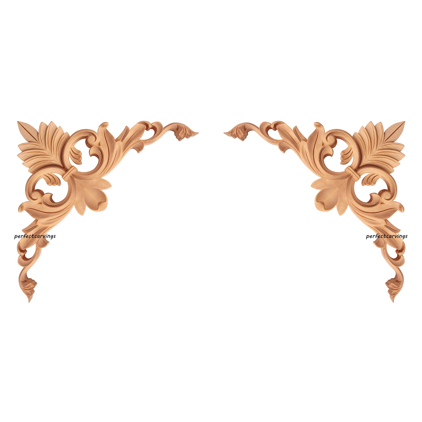 PAIR of Elegant Leaf Scroll Carved Wood Corner Appliques for Panels, Available in 3 Sizes