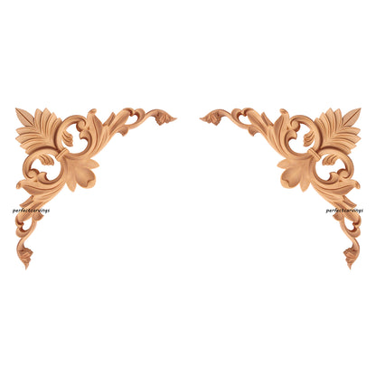 PAIR of Elegant Leaf Scroll Carved Wood Corner Appliques for Panels, Available in 3 Sizes