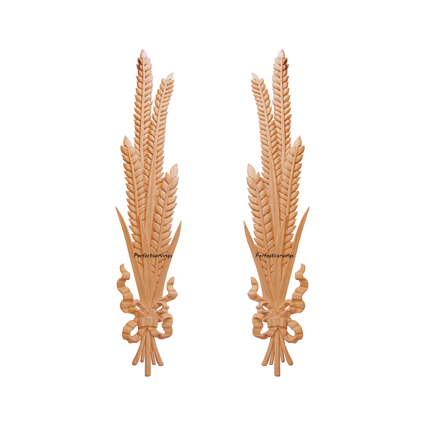 PAIR of Ribbon Wheat Carved Wood Appliques, Available in 12", 16" & 22-1/4" High