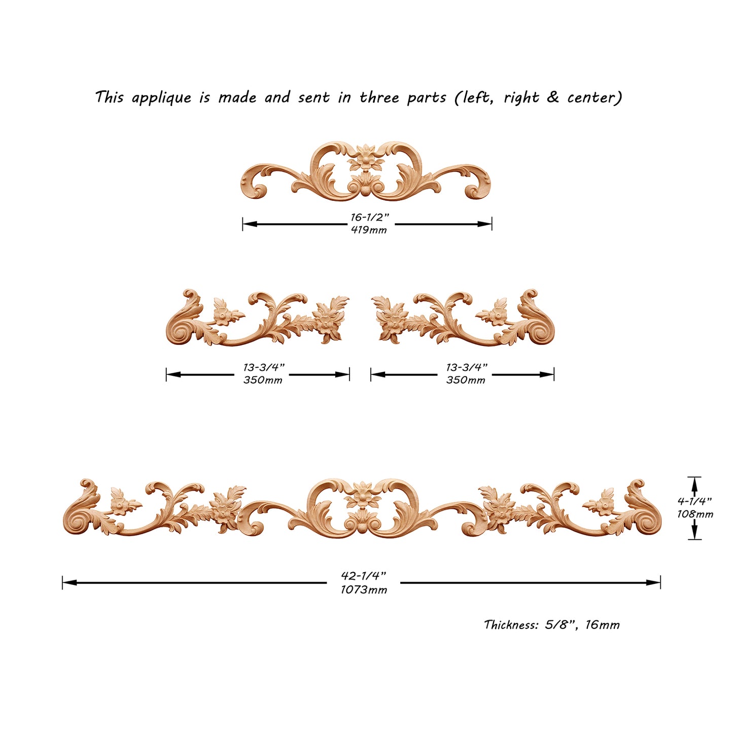 Vivid Floral Vine Carved Wood Applique for Mantel, Door Surround and Stair，42-1/4" Wide