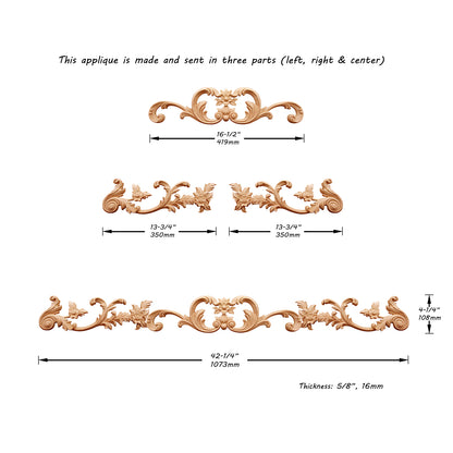 Vivid Floral Vine Carved Wood Applique for Mantel, Door Surround and Stair，42-1/4" Wide