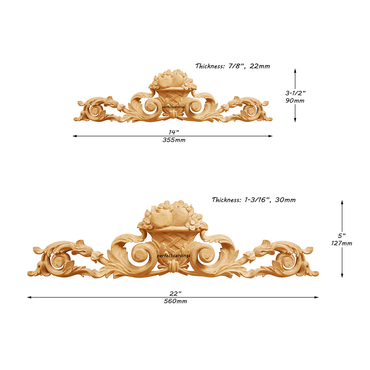 Floral Fruit Basket with Scroll Vine Carved Wood Applique, Available in 14" & 22" Wide