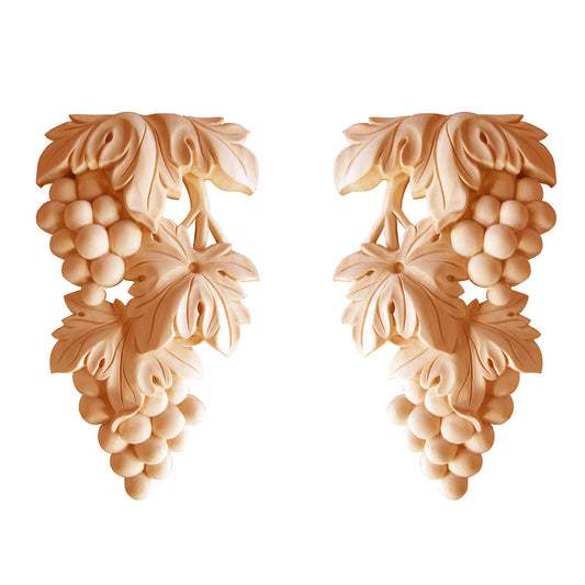 PAIR of Artistic Wood Carved Grape Mirror Appliques, 4-1/4"x7-3/4"