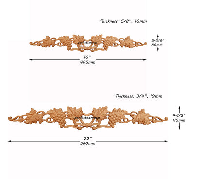 Carved Grapevine Ribbon Bow Wood Applique Onlay,  Available in 16" & 22" Wide