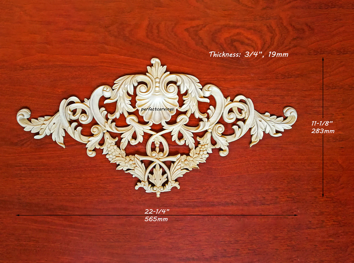 Floral Shell Carved Applique for Headboard and Wall,  22-1/4"Wx11-1/8"H