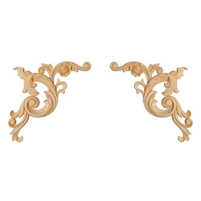 PAIR of Wood Carved Scrolled Leaf & Rose Corner Appliques for Panel, Available in 3 Sizes