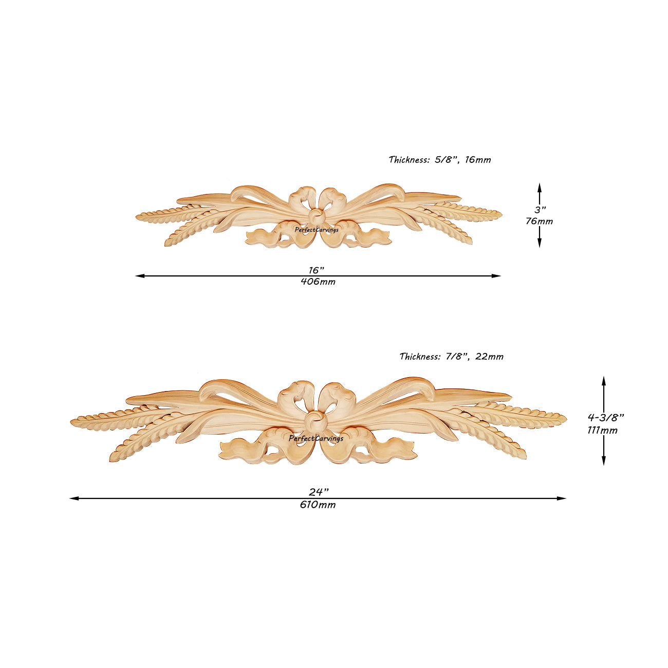 Delicate Carved Wheat Ribbon Wood Applique Onlay, Available in 16" & 24" Wide