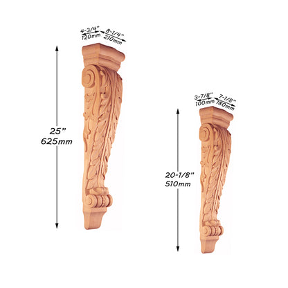 PAIR of Classic Acanthus Leaf Carved Wood Corbels, Available from 6-1/4" to 25" High