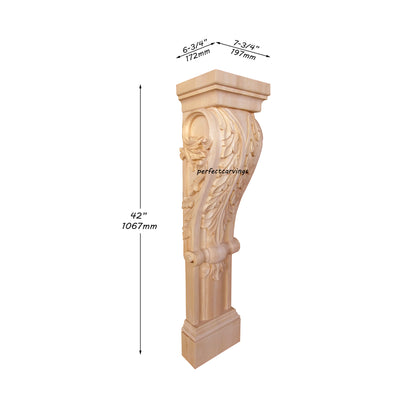 PAIR of ISP-23 Scrolled Acanthus Carved 42"H Fireplace Wood Posts, Island Legs