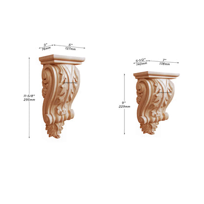 PAIR of Beautiful Leaf Carved Wood Corbels, Available in 9"H & 11-5/8"H